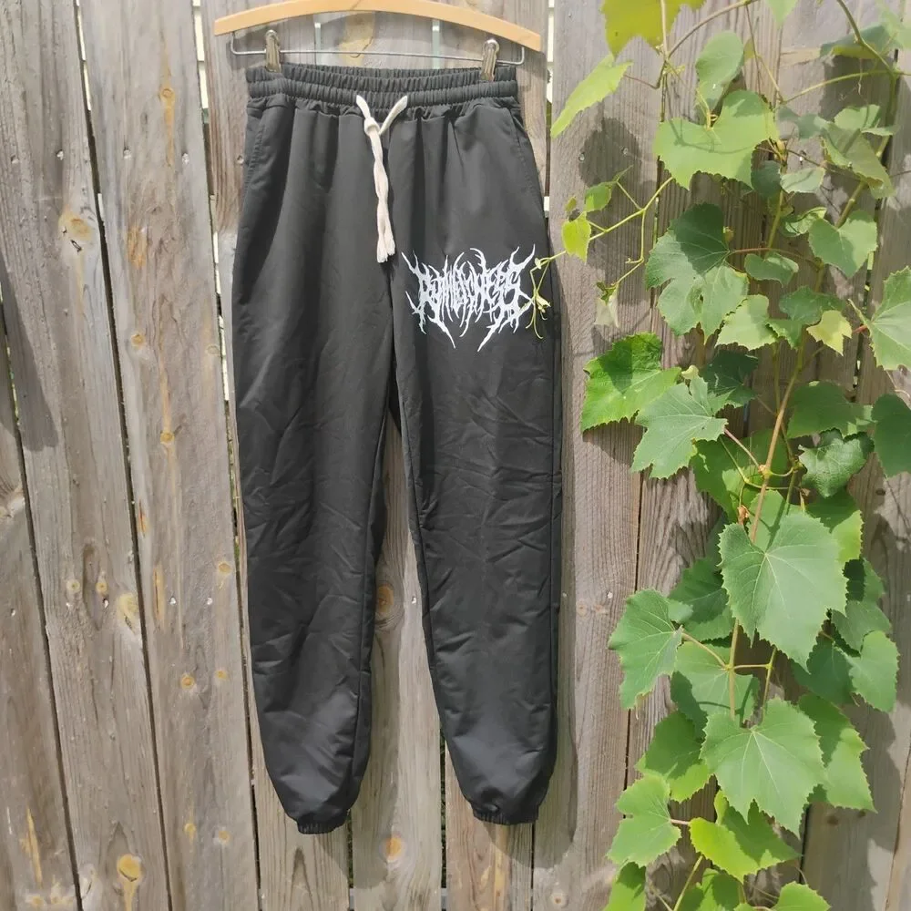 Black Ruthlessness Graphic Joggers Sweatpants Size Small Goth Metal Font